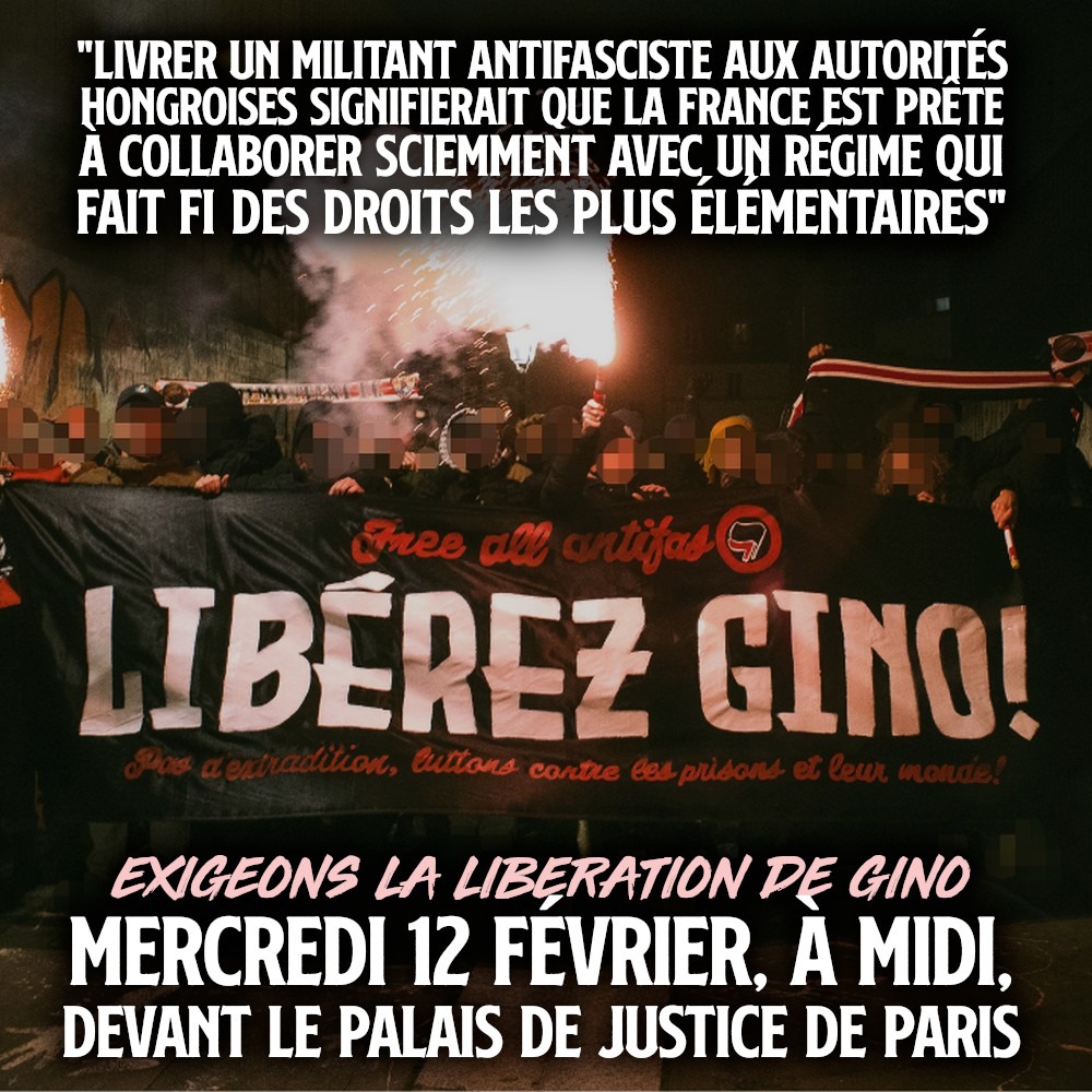 Une banderole réclame "Libérez Gino" lors d'une manifestation antifasciste à Paris.