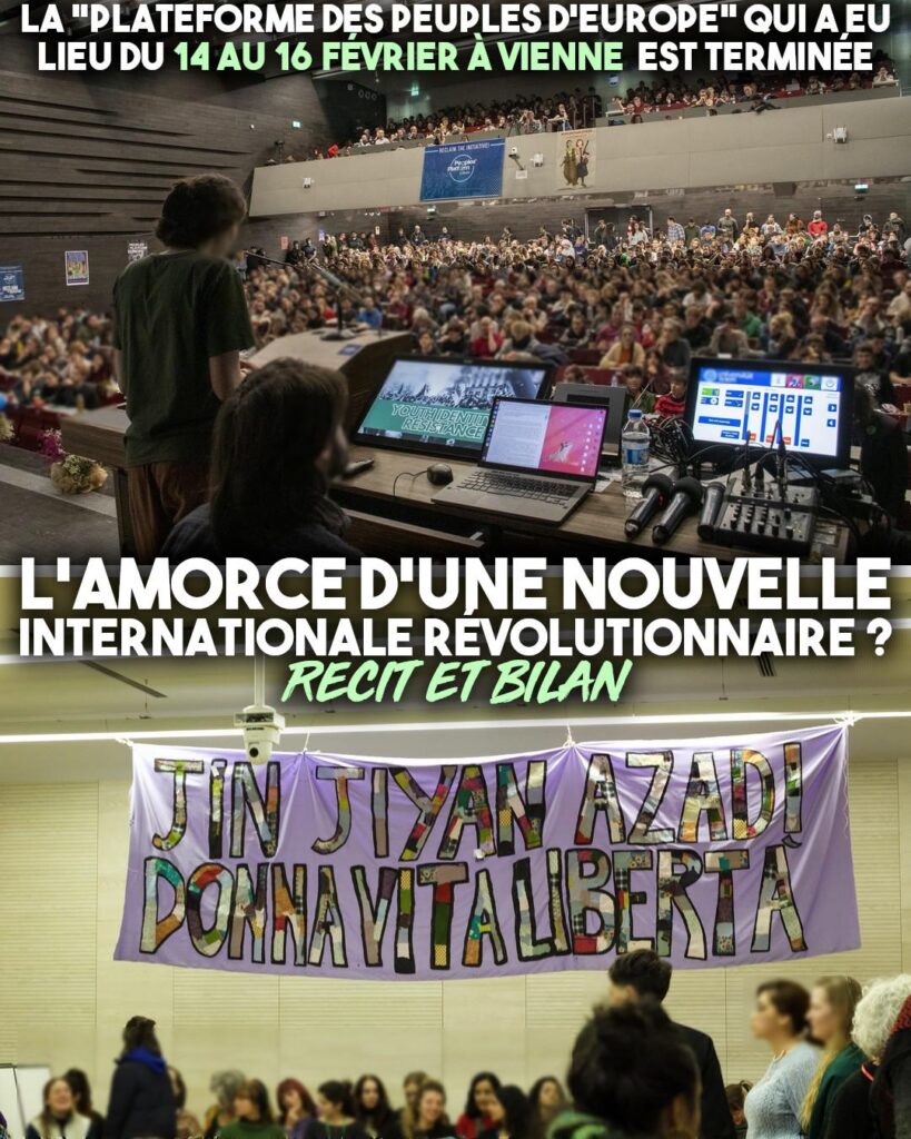 En haut : L'amphithéâtre bondé pour l'événement Peoples' Platform à Vienne.
En bas : Banderole féministe proclamant, en kurde et en italien, le slogan "Femme, Vie, Liberté"