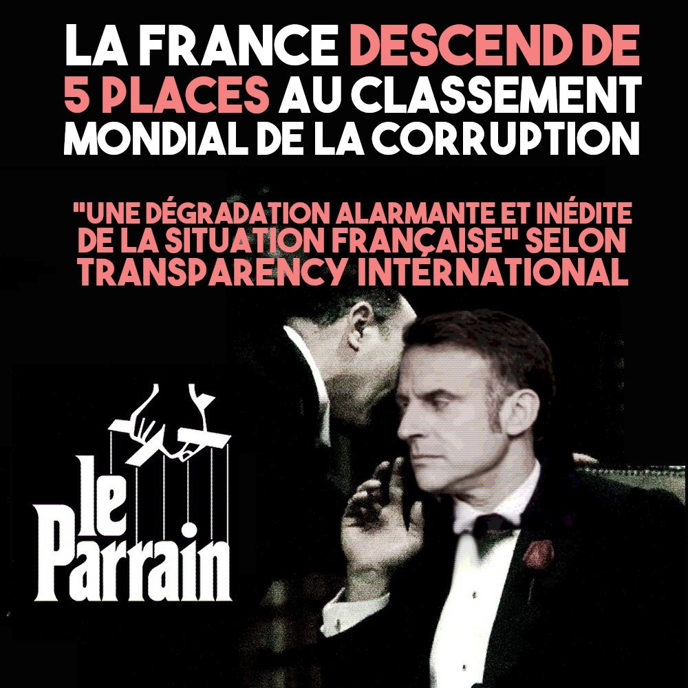 Emmanuel Macron représenté sur l'affiche du film "Le Parrain" : la France est gangrénée par la corruption au plus haut niveau de l'État.