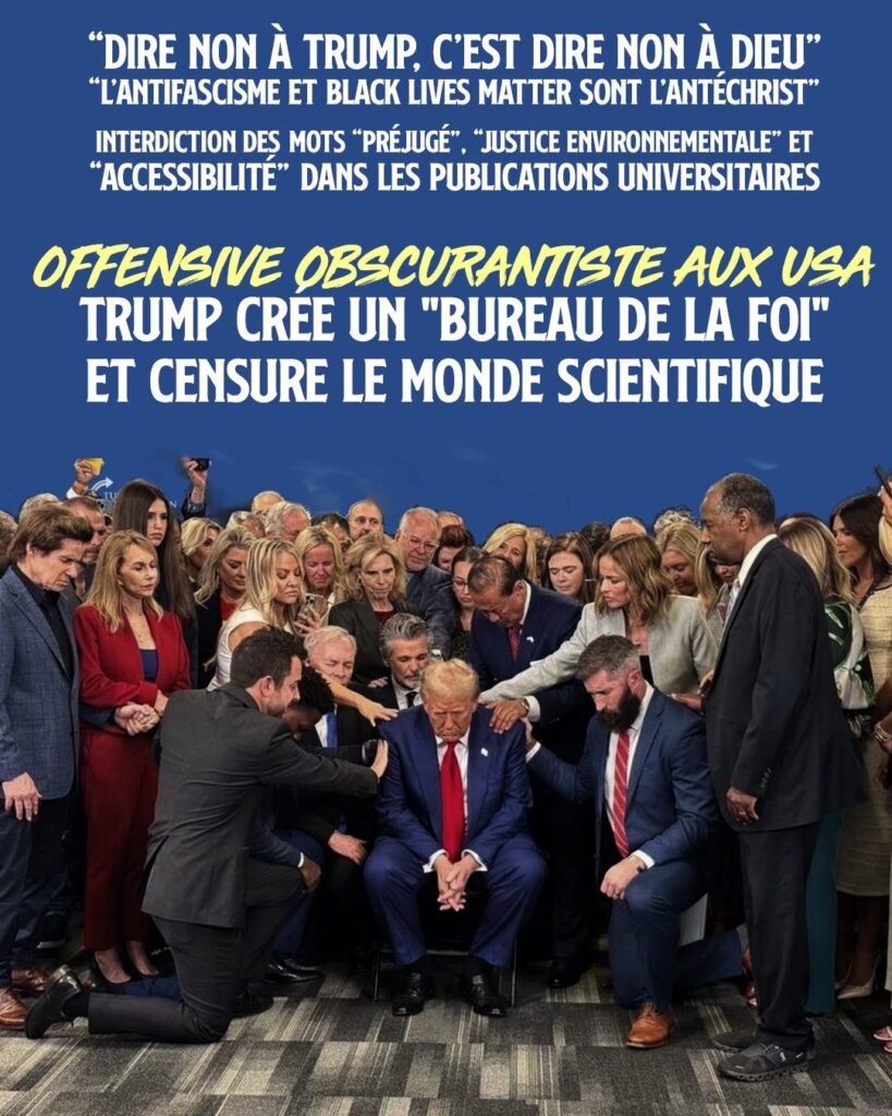 Des fanatiques prêtent allégeance à Trump, divinisé au centre de la photographie. L'obscurantisme est au pouvoir aux USA.