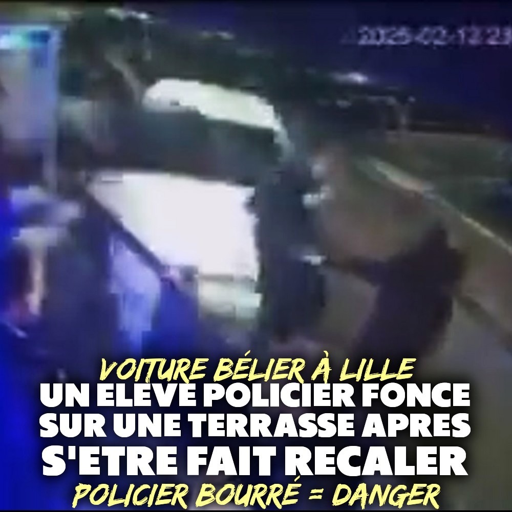 Capture d'écran d'une vidéo de surveillance montrant une voiture bélier, conduite par un flic bourré, qui percute des personnes devant un bar.