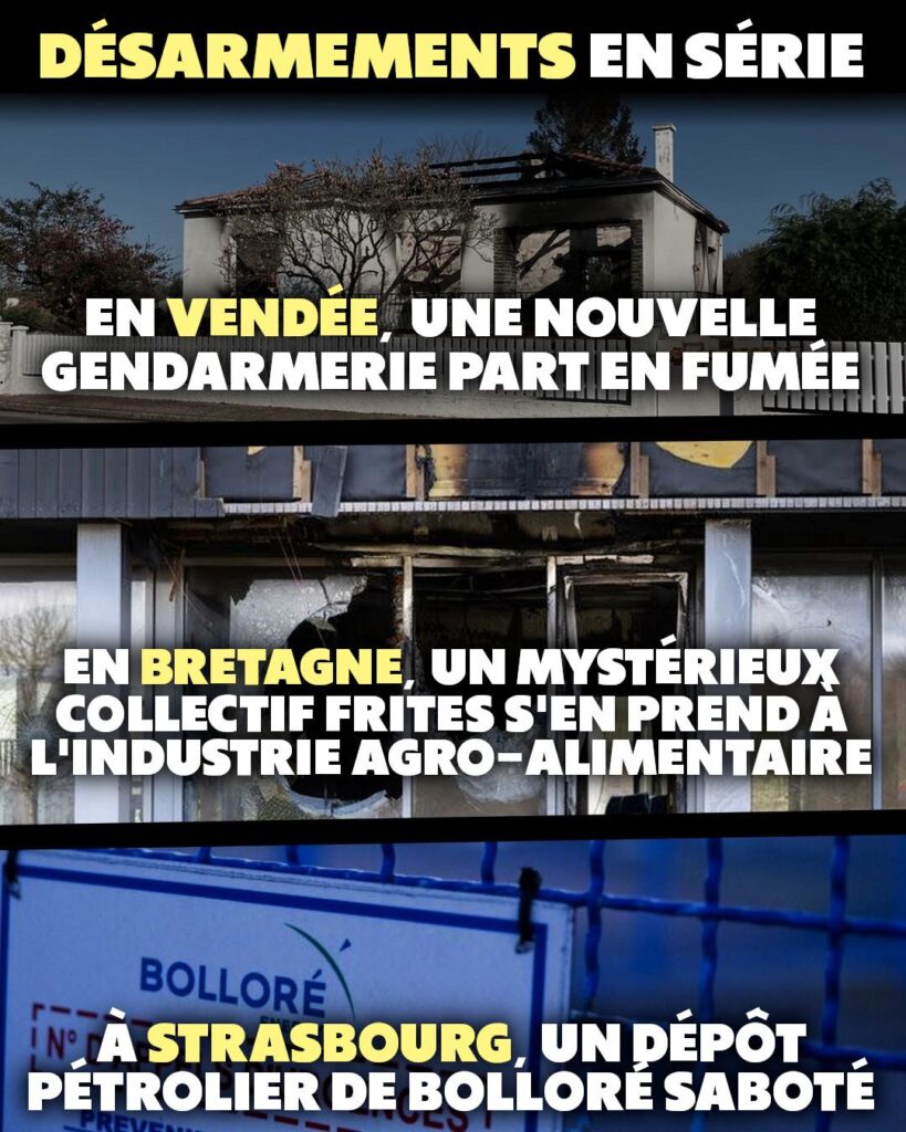 Une gendarmerie incendiée en haut, un élevage industriel cassé au milieu, et l'entrée d'un dépôt pétrolier de Bolloré en bas : des sites qui ont connu des désarmements en série ces derniers jours.