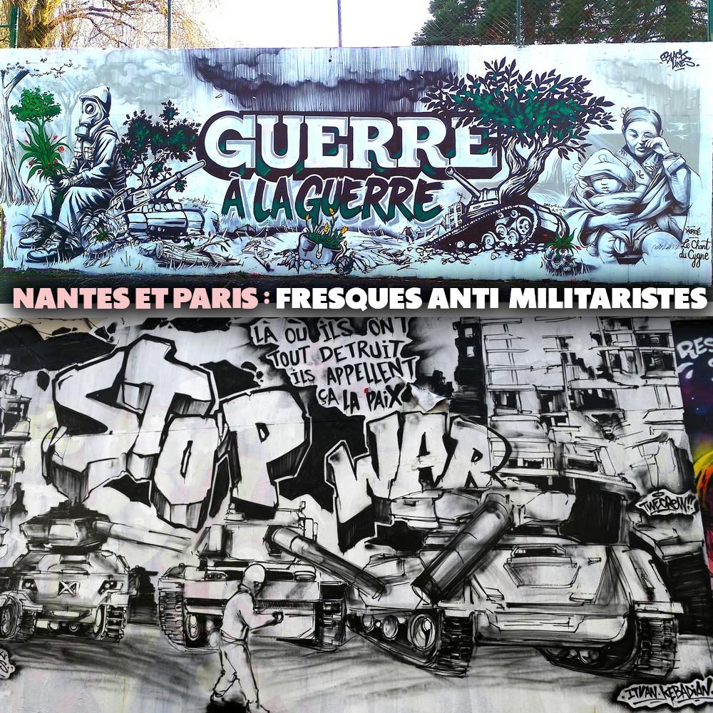 En haut : fresque "Guerre à la guerre" à Nantes. En bas : "Stop War" à Paris.