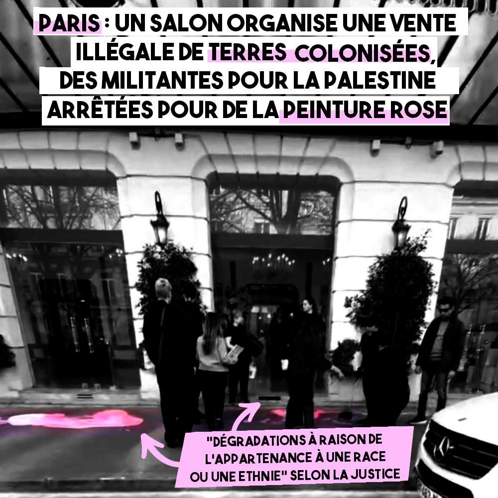 De la peinture rose déversée devant les salons Hoche à Paris pour soutenir la Palestine occupée.