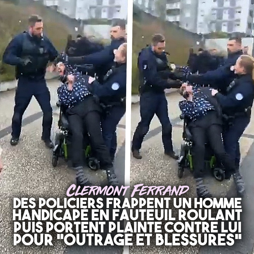 Deux images où l'on voit un policier frapper le visage d'un homme en fauteuil alors qu'il est maintenu par deux autres policiers.