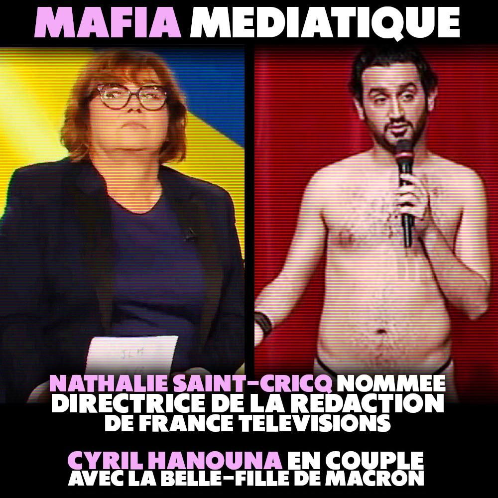 Nathalie Saint-Cricq à gauche, Hanouna en slip à droite : deux représentants de la mafia médiatique au pouvoir.