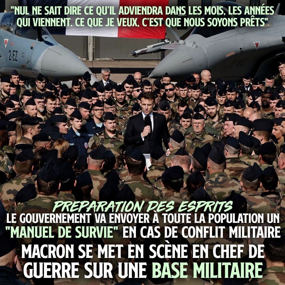 Macron devant des avions de guerre et une foule de militaires en treillis pour présenter le manuel de survie du gouvernement.