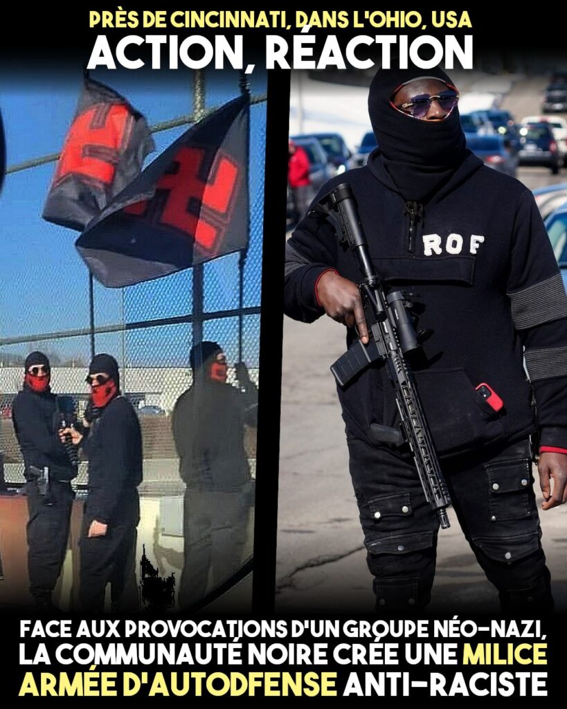 À gauche : des drapeaux à croix gammées accrochés sur un pont par des néo-nazis.
À droite : un membre d'une milice noire d'autodéfense armé d'un fusil d'assaut.