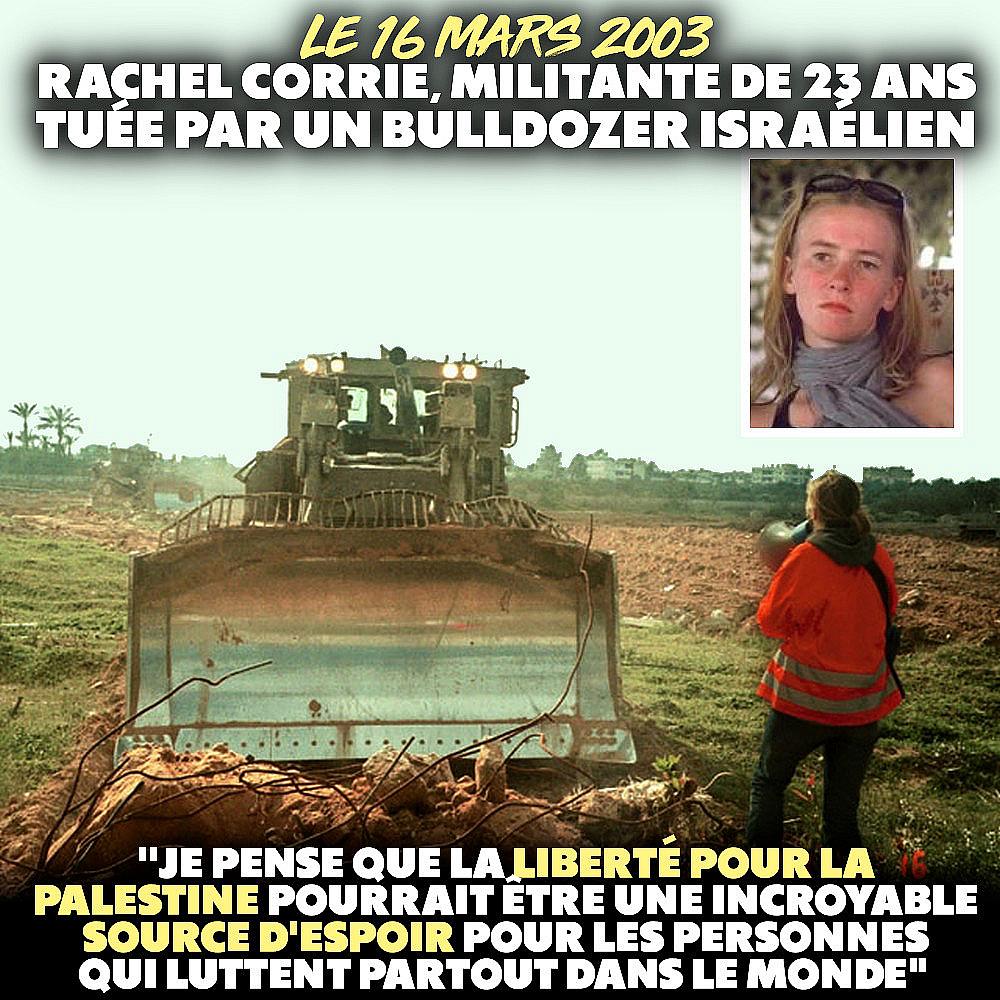 Rachel Corrie portant un gilet orange et un mégaphone face au bulldozer israélien qui ne reculera que pour l'écraser une deuxième fois.