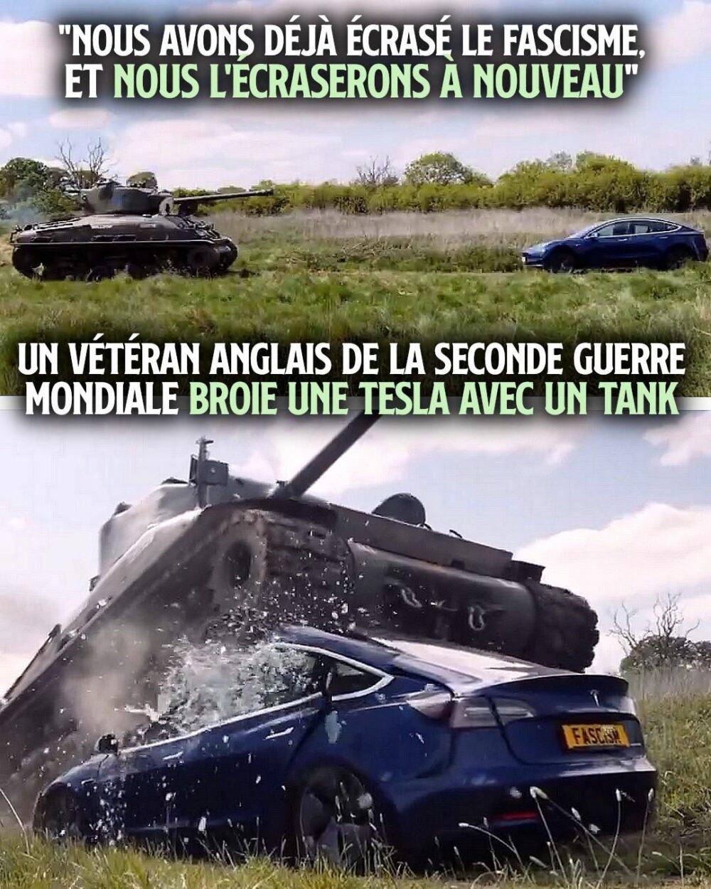 Antifascisme : un vétéran de la seconde guerre mondiale broie une Tesla avec un tank