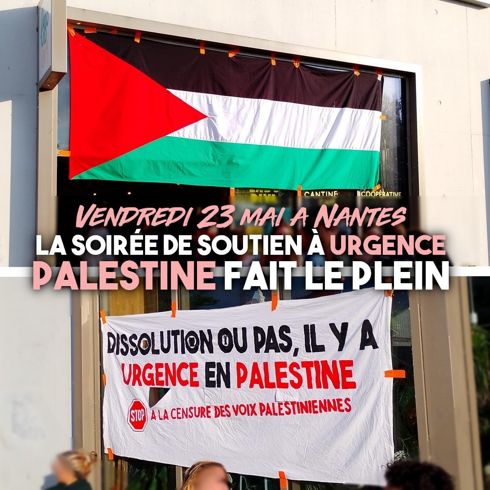 Un drapeau palestinien et une banderole à la soirée de soutien d'Urgence Palestine.