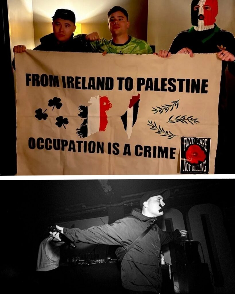En haut : Kneecap affirme son soutien à la Palestine occupée.
En bas : Mo Chara apparaît la bouche scotchée.