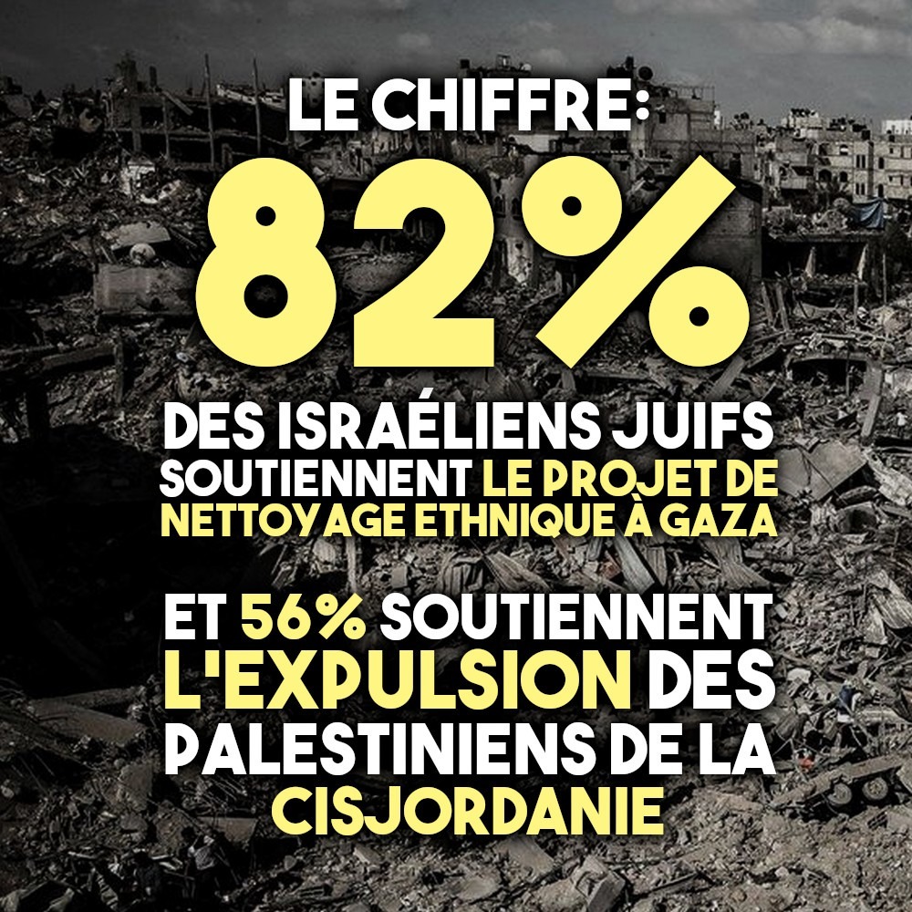 Le chiffre de 82% des israéliens favorables au nettoyage ethnique surplombe les ruines de Gaza.
