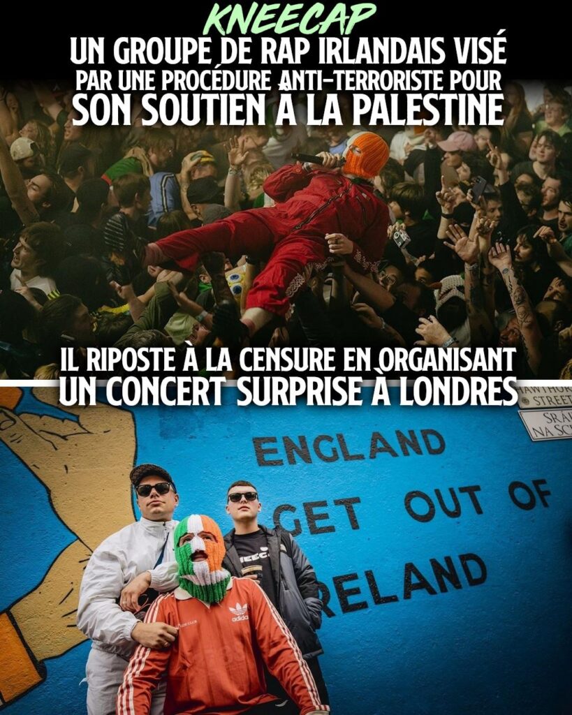 Kneecap en concert et devant une fresque pour la libération de l'Irlande.