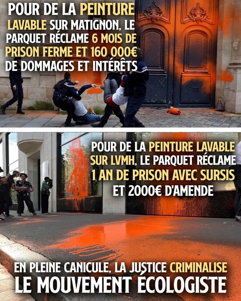 Deux actions avec de la peinture lavable sur Matignon et LVMH qui pourraient valoir de la prison pour Manon et Rachel, militantes de Dernière Rénovation.