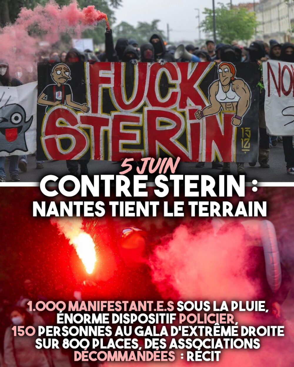 Une banderole "Fuck Stérin" et des fumigènes pour la manifestation de Nantes.