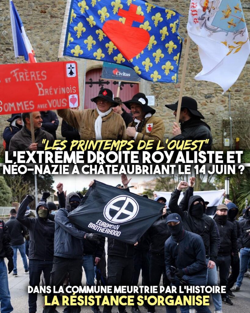 Le Mouvement Chouan qui veut s'organiser à Châteaubriant se compose de réactionnaires comme Civitas (en haut) et de nationalistes comme le GUD (en bas), ici sur des photos prises à Saint-Brévin.