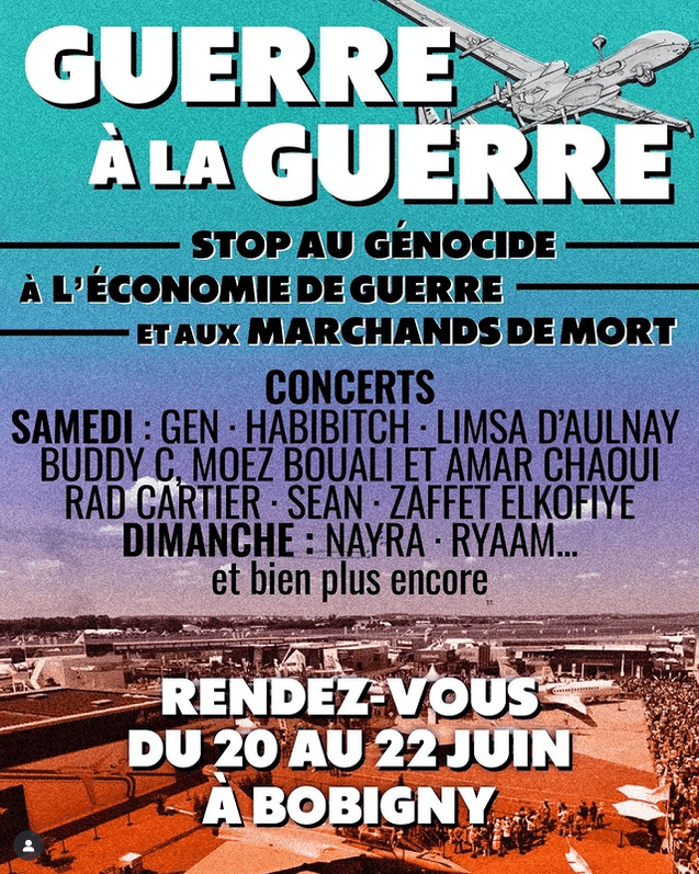 Affiche présentant les concerts pour l'événement Guerre à la guerre au Bourget.