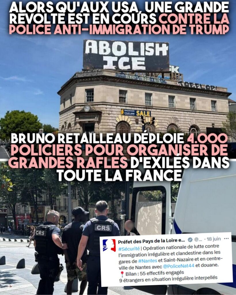 En haut : une gigantesque fesque demande l'abolition de l'ICE, la police anti-immigrés aux USA.
En bas : des CRS effectuent des contrôles au faciès à Nantes et arrêtent une personne noire.
La France n'a rien à envier au trumpisme.