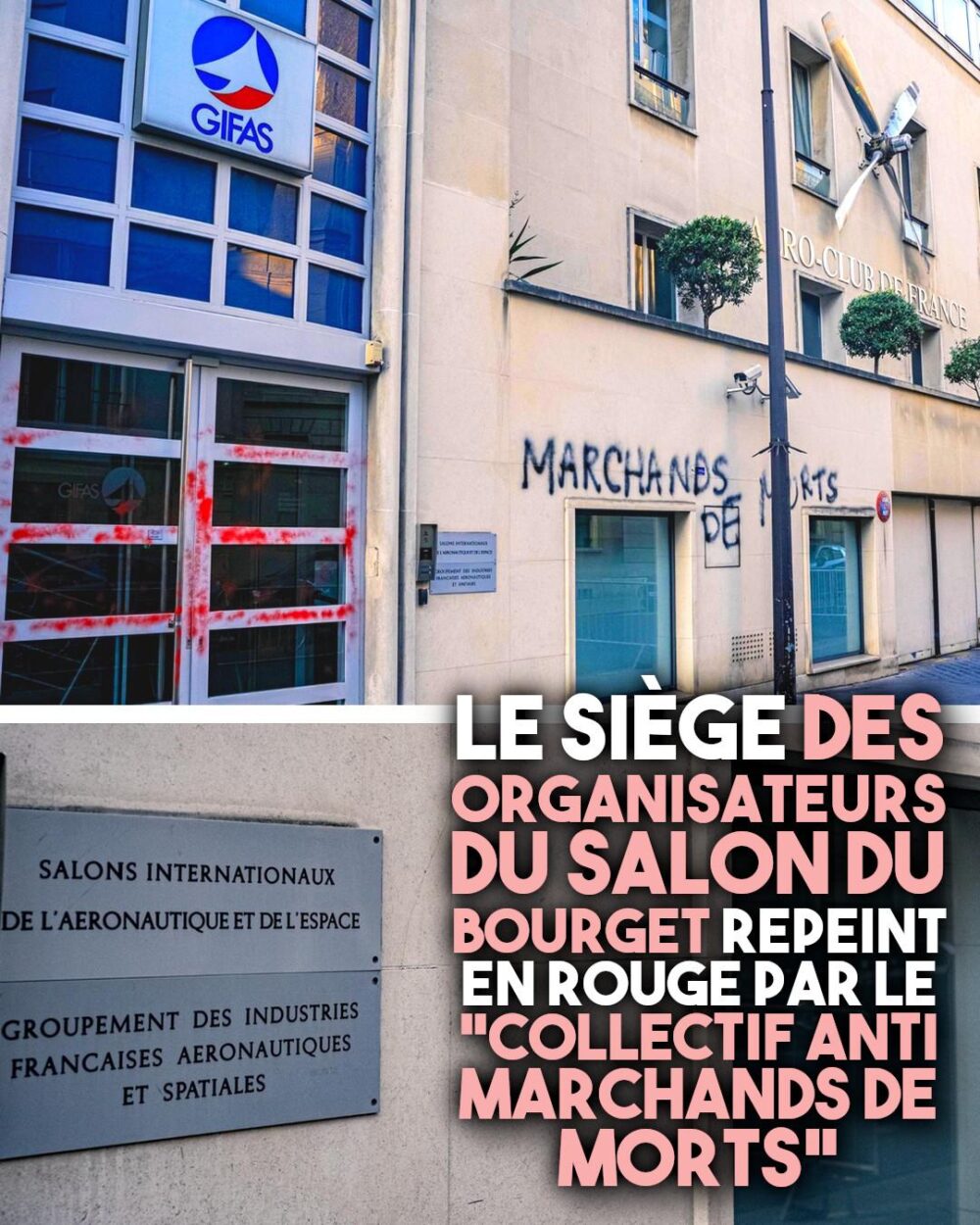 Le siège du GIFAS repeint en rouge à Paris contre les marchands de mort