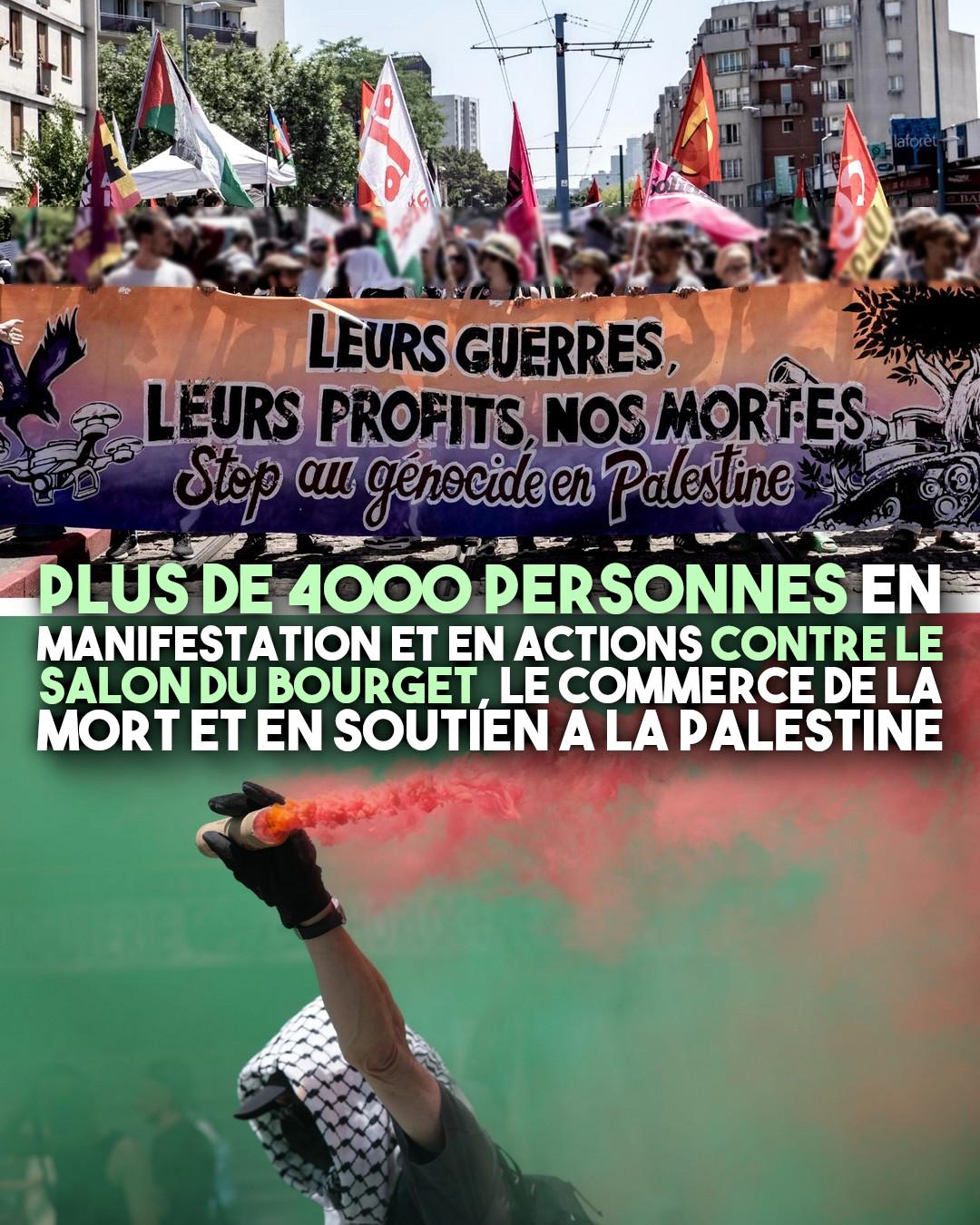 À la manifestation contre le Salon du Bourget, un fumigène et une banderole "Leurs guerres, leurs profits, nos mort-e-s / Stop au génocide en Palestine"