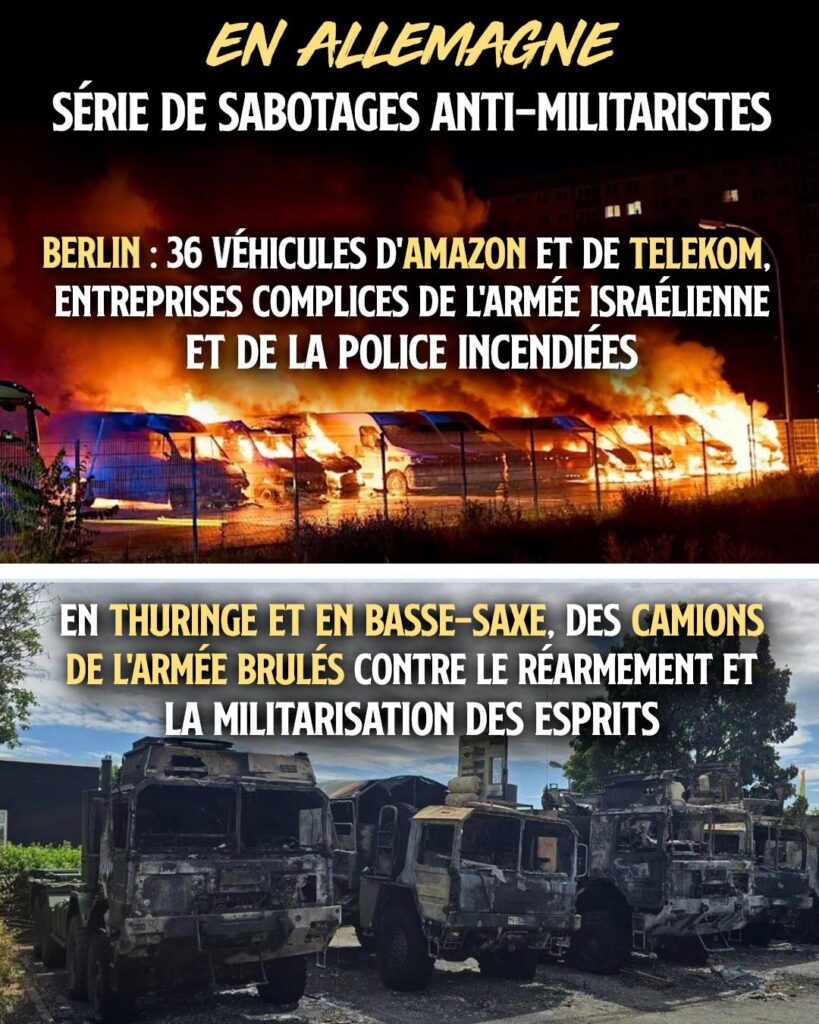 En haut : des camionnettes d'entreprises complices de la militarisation et du génocide à Gaza en flammes en Allemagne.
En bas : Des camions de l'armée allemande calcinés.