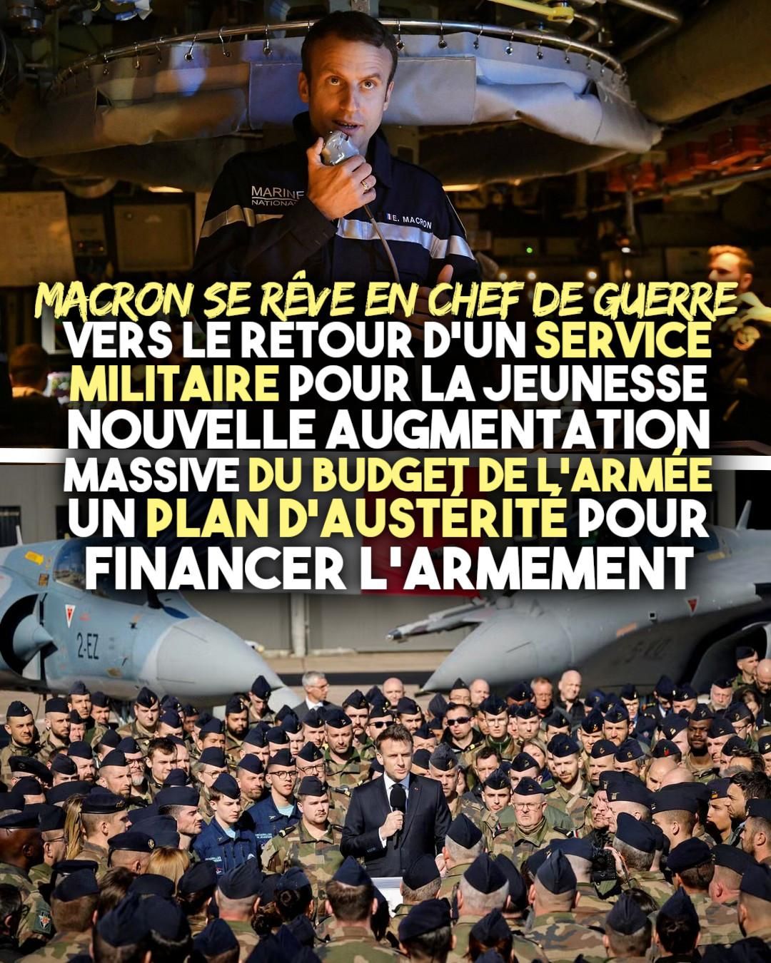 Deux images de Macron portant un uniforme : il n'a jamais fait son service, mais toutes les occasions sont bonnes pour afficher son militarisme.