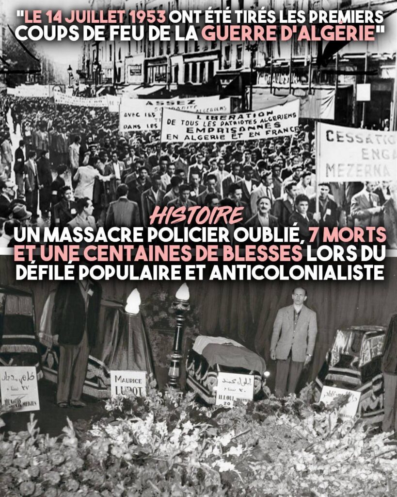En haut : le défilé internationaliste du 14 juillet 1953.
En bas : les cercueils des victimes après le massacre.