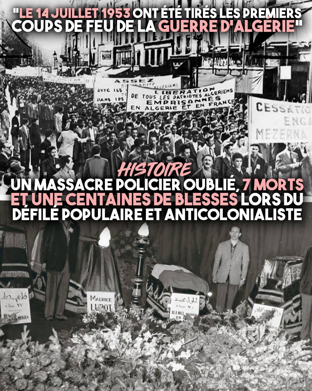 En haut : le défilé internationaliste du 14 juillet 1953. En bas : les cercueils des victimes après le massacre.