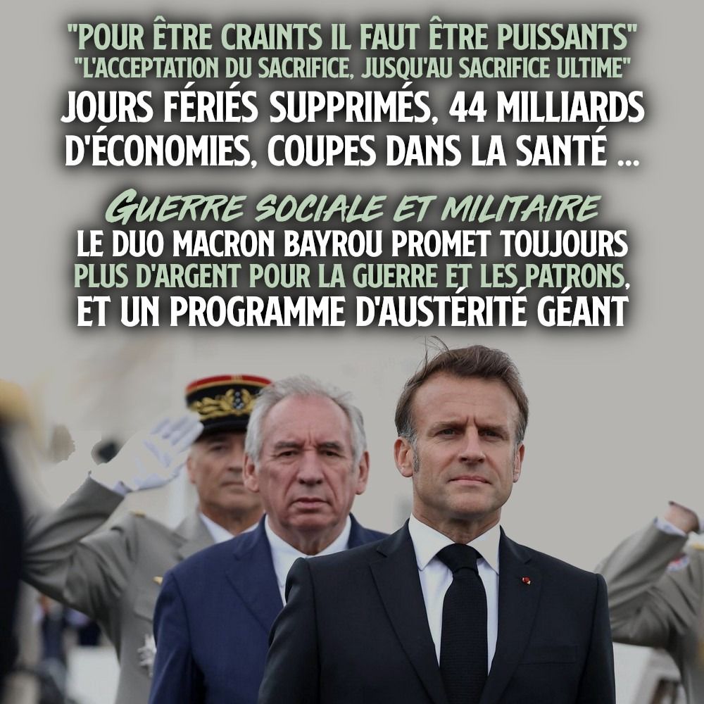 Macron et Bayrou devant un militaire au garde à vous : les deux chefs de l'exécutif représentent à la fois la guerre sociale et militaire.