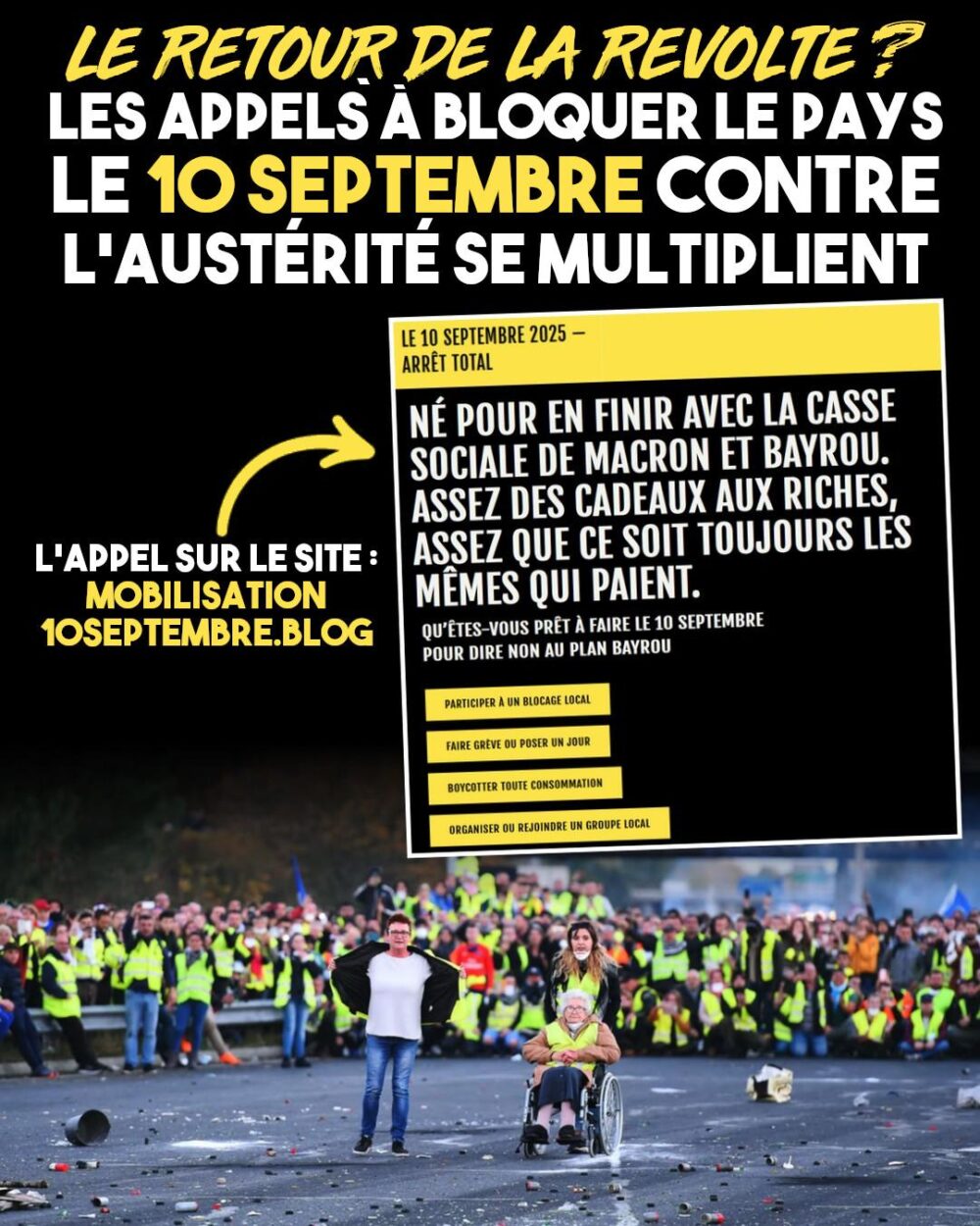 Une foule de Gilets Jaunes bloquent un péage d'autoroute avec, au premier rang, trois femmes dont une très âgée en fauteuil : est-ce que ce genre de situation pourrait se reproduire le 10 septembre ?