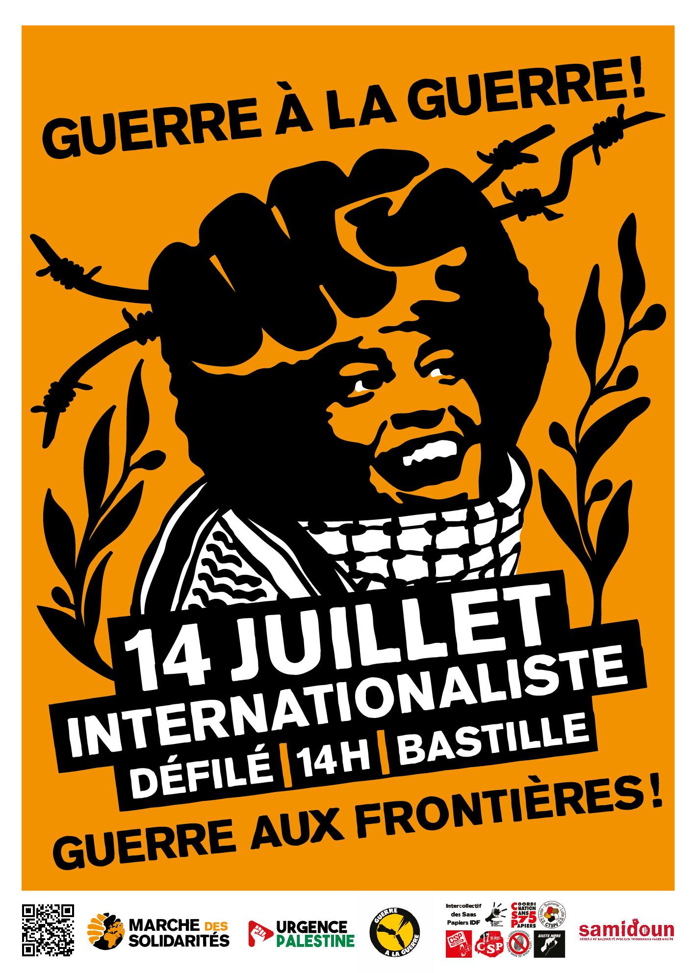 L'affiche du 14 juillet internationaliste présentant une femme noire portant un keffieh et dont la chevelure se transforme en poing serrant des barbelés.