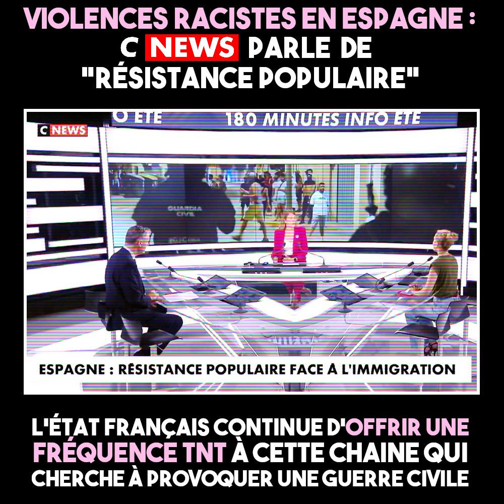 Pour qualifier les violences racistes qui ont lieu en Espagne, un bandeau de CNews indique "résistance populaire face à l'imigration".