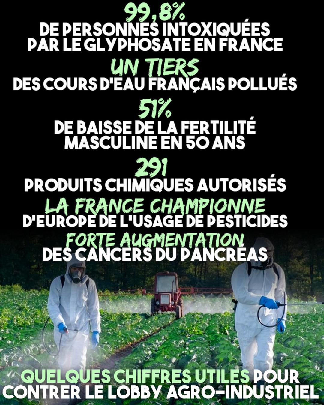 Deux agriculteurs en combinaison épandent des pesticides, précédés des chiffres alarmant sur la santé en France alors que la loi Duplomb vient d'être imposée au pays.