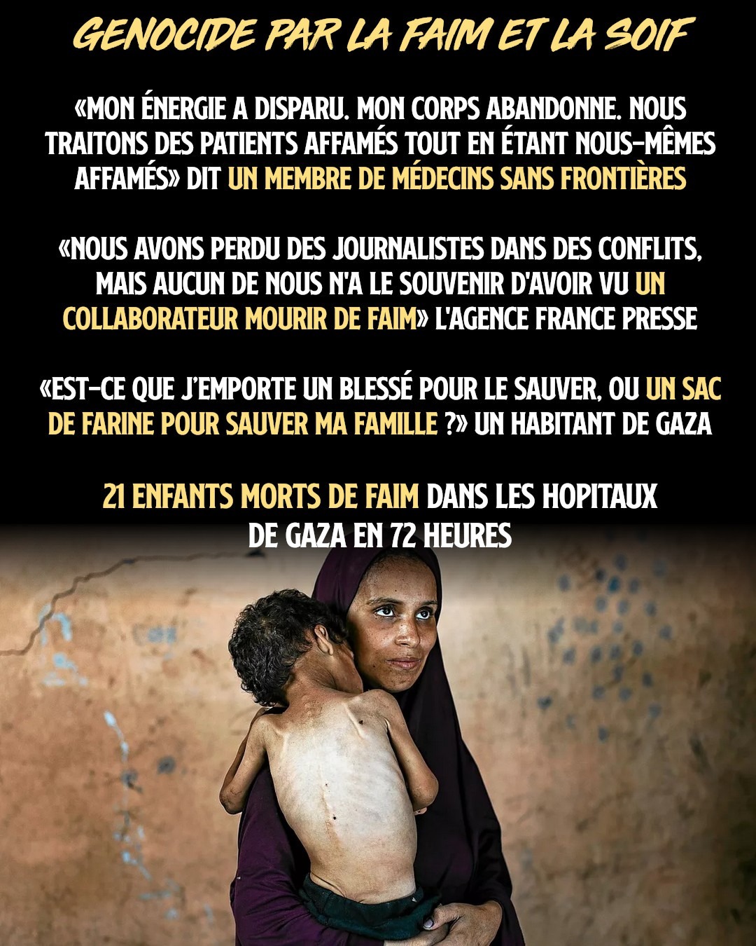 Une femme palestinienne et son enfant, de dos et torse nu, dont on voit les côtes : le génocide sévit actuellement par la famine en plus des bombes à Gaza.