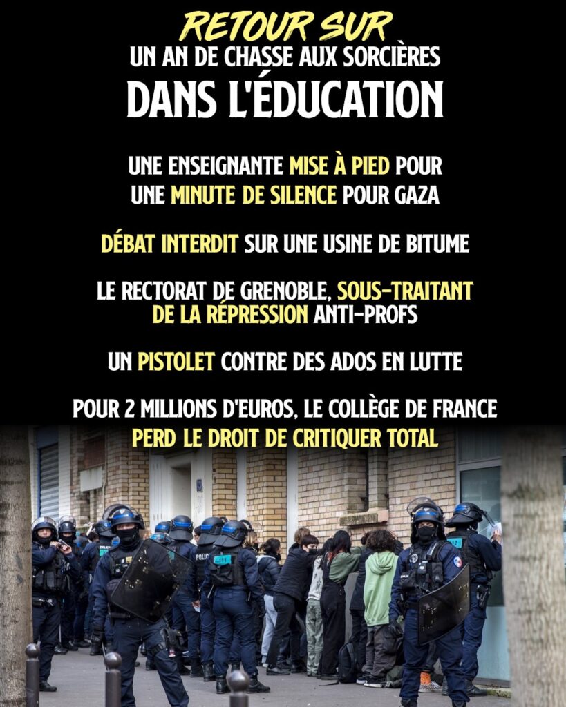 Des lycéen-nes aligné-es contre le mur de leur école par des policiers : une image de la chasse aux sorcières qui a lieu dans l'éducation.