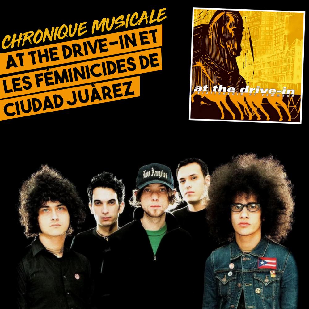 Les cinq membres du groupe At The Drive-In et la pochette de leur album "Relationship of Command"