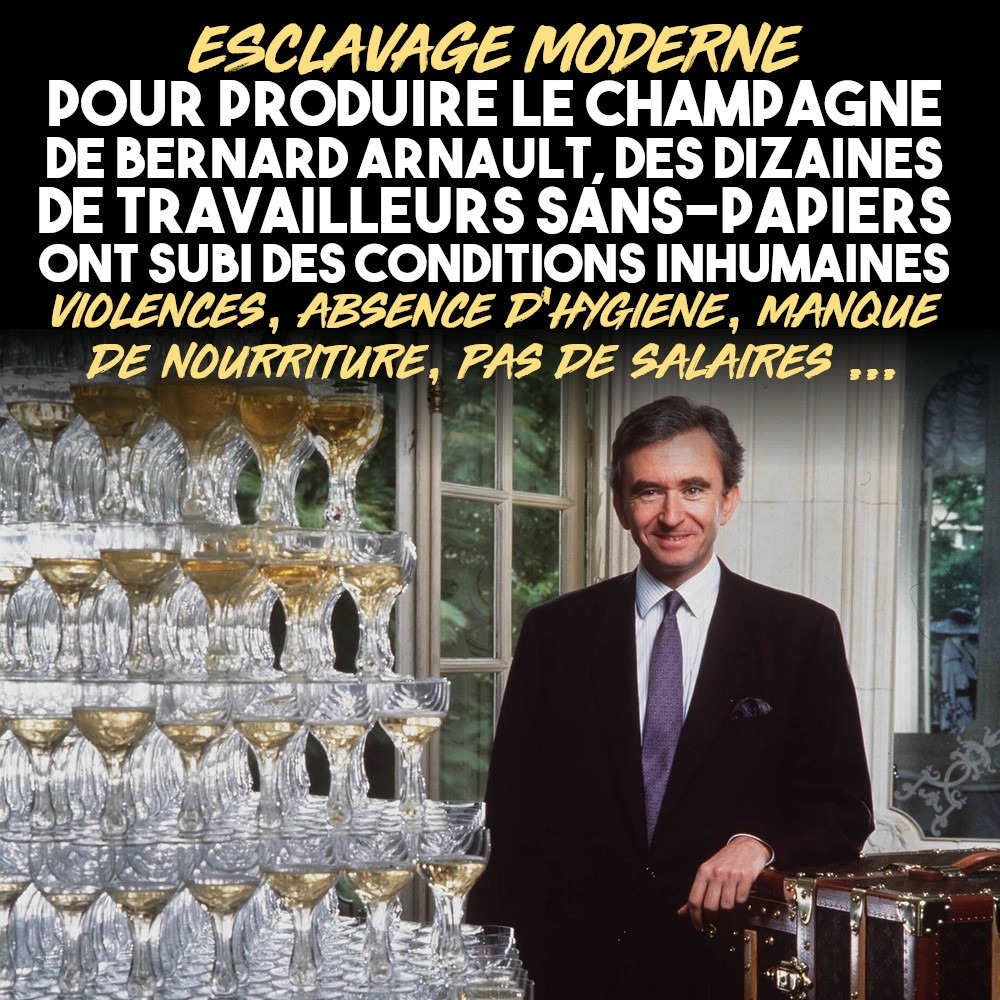 Bernard Arnault face à une fontaine de champagne : un liquide luxueux produit dans des conditions inhumaines.
