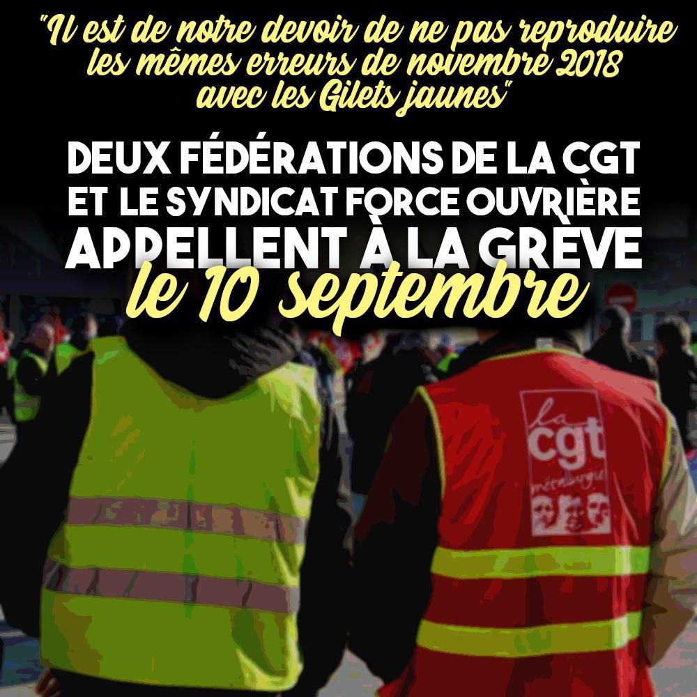Un gilet jaune et un gilet rouge de la CGT se tiennent côte à côte lors d'une manif : un avant-goût du 10 septembre ?