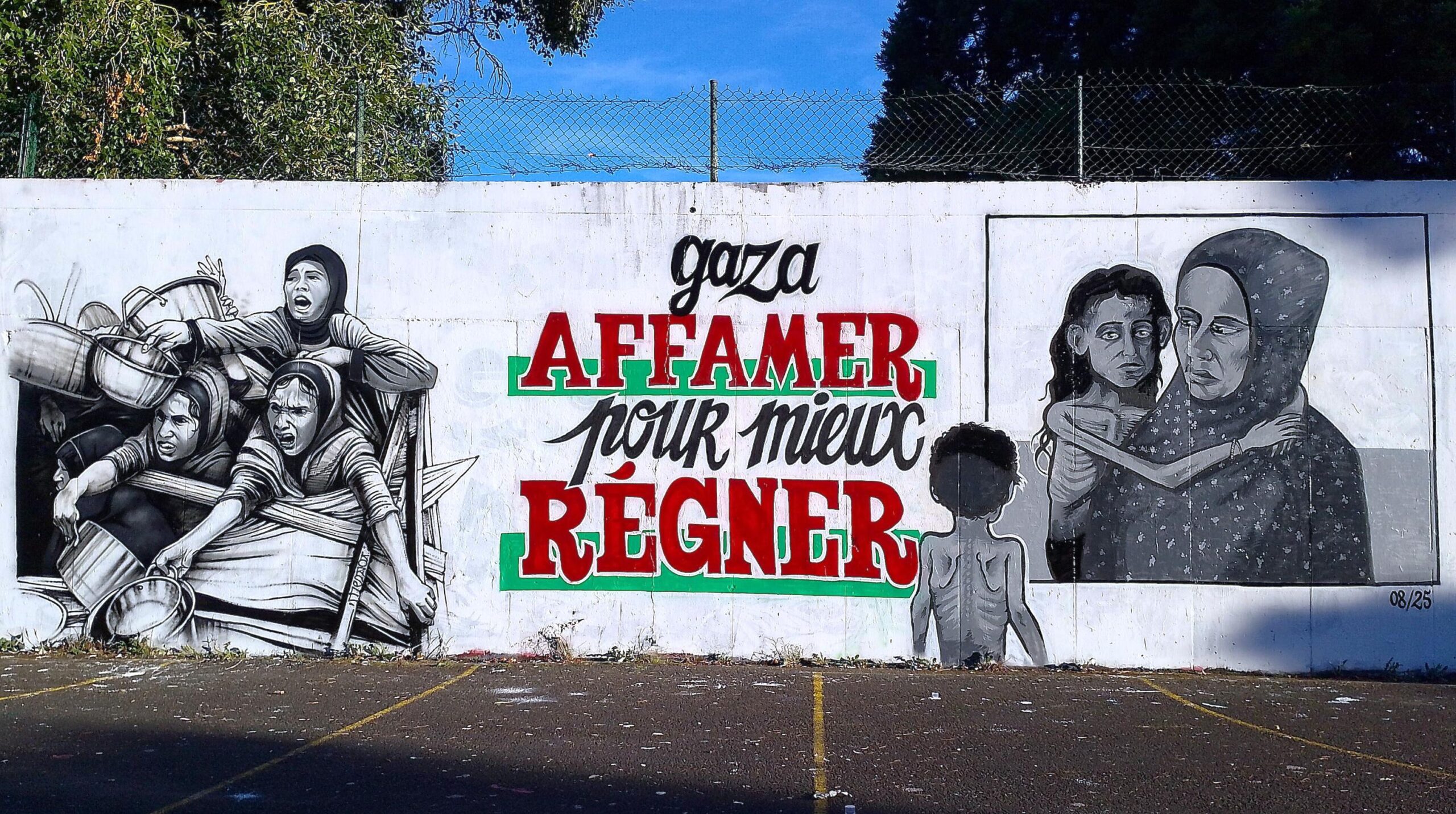Une fresque contre la famine à Gaza aperçue à Nantes, avec le slogan "Gaza, affamer pour mieux régner".