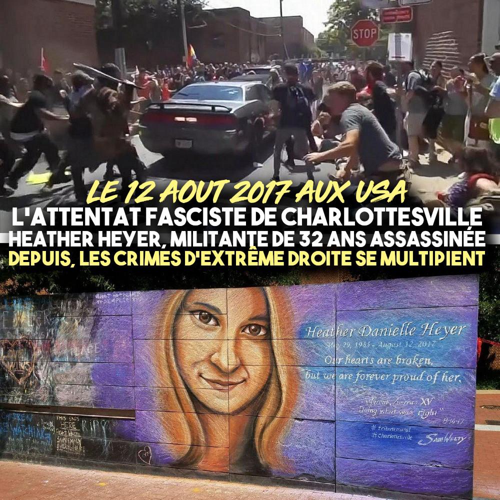 En haut : une voiture bélier fonce dans une manifestation antifasciste à Charlottesville. En bas : fresque en hommage à Heather Heyer, tuée lors de cet attentat.