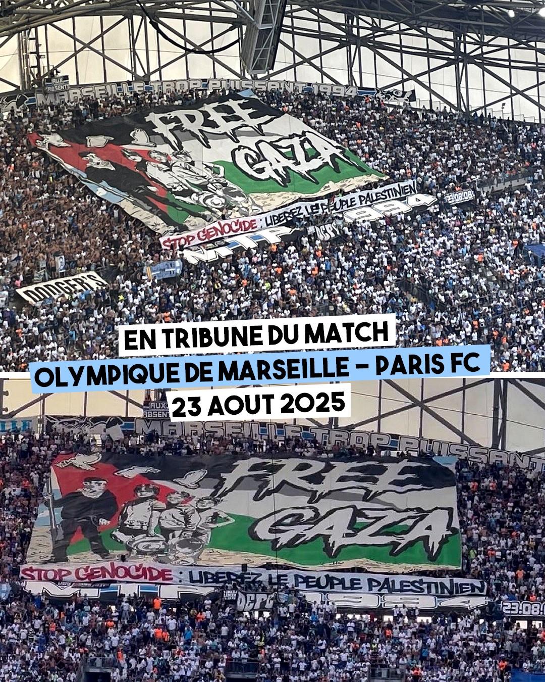 Le virage du Stade Vélodrome arbore un grand tifo "Free Gaza" pour le match contre le Paris FC.