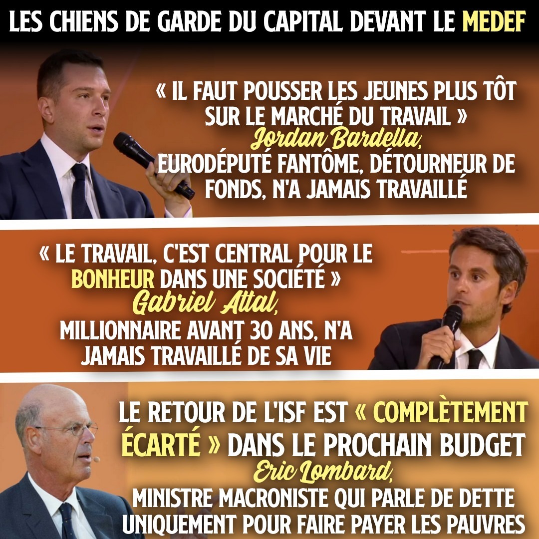 Jordan Bardella, Gabriel Attal et Éric Lombard à l'université du Medef
