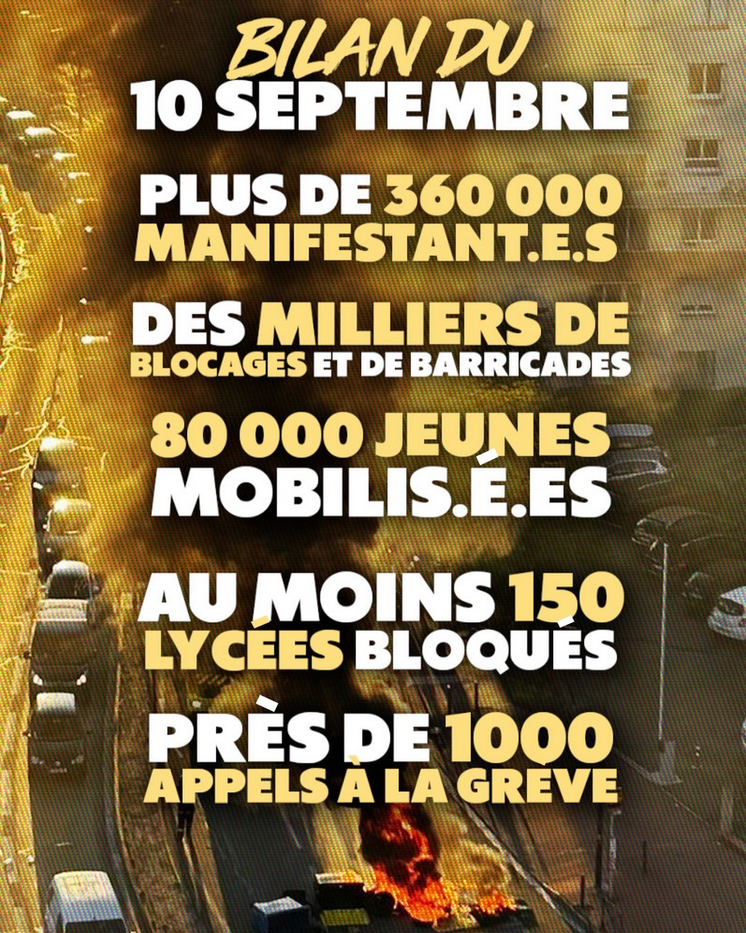Une barricade en feu sur une voie rapide : une image symbolique des blocages du 10 septembre.