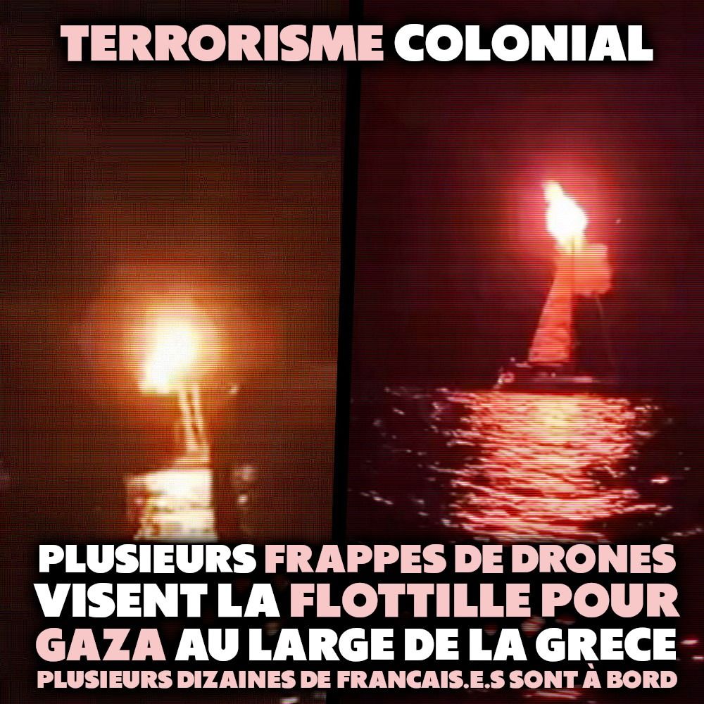 Du feu en haut du mat d'un des bateaux de la flottille de la liberté.