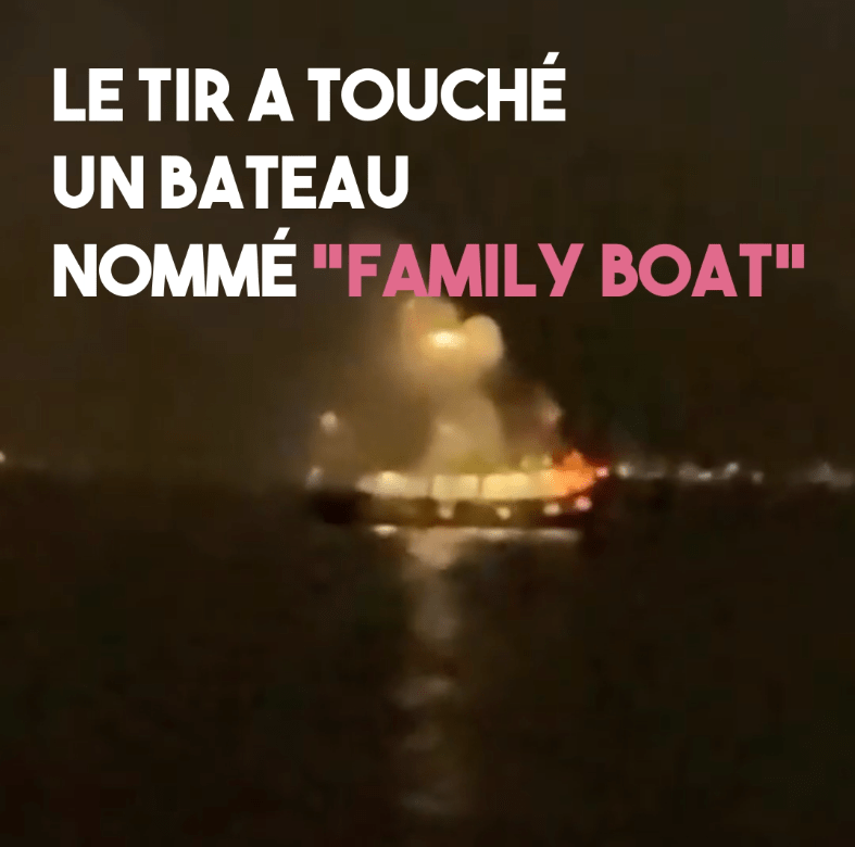 Le "Familiy Boat", l'un des principaux bateaux de la Flottille de la liberté pour Gaza, en flammes après avoir été touché par un drone.