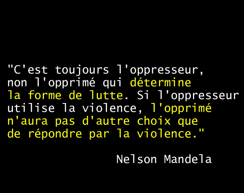 Nelson Mandela : «C'est toujours l'oppresseur, non l'opprimé qui détermine la forme de lutte. Si l'oppresseur utilise la violence, l'opprimé n'aura pas d'autre choix que de répondre par la violence».