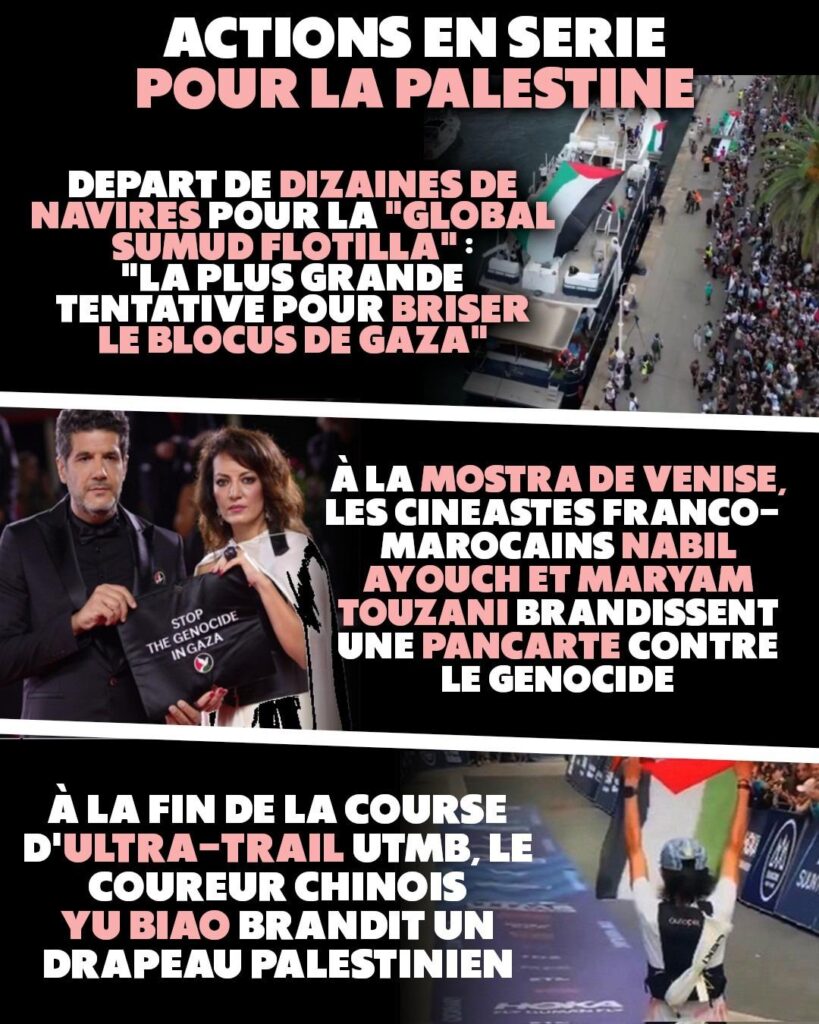 Trois images pour trois gestes de solidarité avec la Palestine : le lancement d'une nouvelle flottille vers Gaza, une pancarte "Stop Génocide" à la Mostra de Venise et le vainqueur de l'UTMB brandissant un drapeau palestinien.