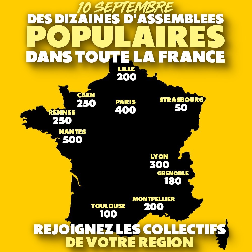 La carte des principales assemblées populaire qui ont eu lieu pour préparer la mobilisation du 10 septembre.