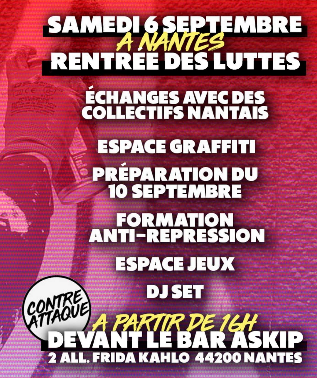 L'affiche de la rentrée des luttes, organisée par Contre Attaque à Nantes, devant le bar Askip.